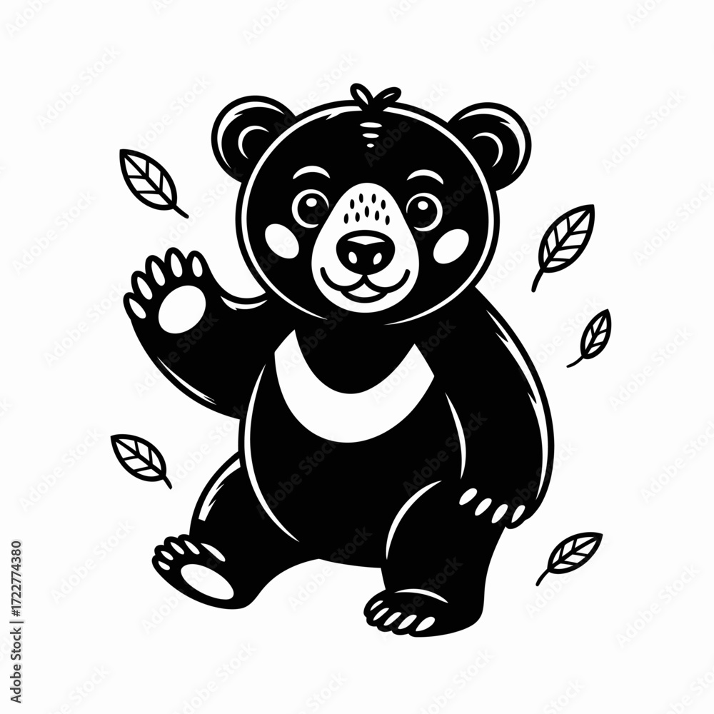 Fototapeta premium Cute Cartoon Bear Cub Vector Illustration with Crescent Moon Mark | Black and White Friendly Bear Drawing with Falling Leaves | Stylized Bear Cub Artwork for Stock Graphics