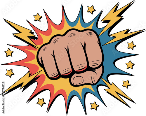 Dynamic comic book style fist punch bursting with energy and impact.