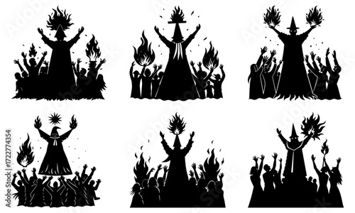 Silhouettes of wizards with fire and crowds in various compositions