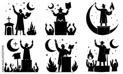 Silhouettes of religious figures preaching with moons and stars around