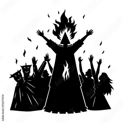 Silhouetted figures gather around a robed figure engulfed in flames