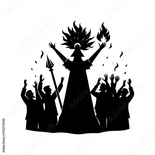Silhouette of a figure with fire and group of people raising their hands