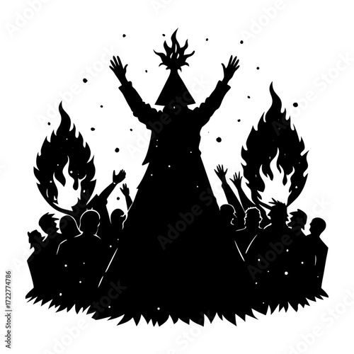 Silhouette of a figure in a cone hat surrounded by fire and people