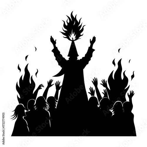 Silhouette of a wizard with fire on head surrounded by a crowd of people