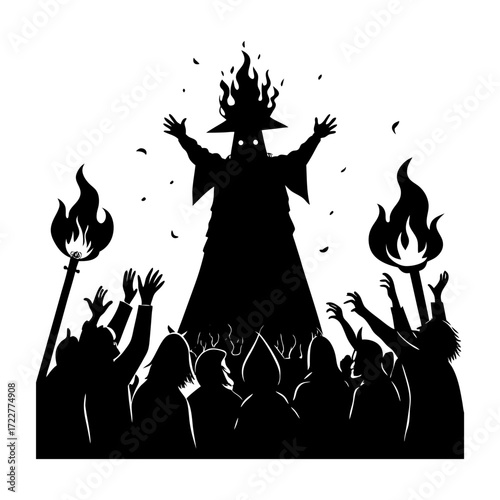 Silhouette of a hooded figure with flames on head surrounded by crowd