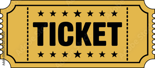 Golden ticket with stars and perforation, signifying entry or opportunity