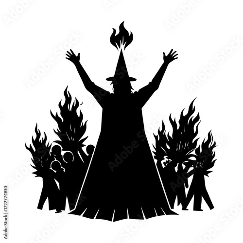 Silhouette of a wizard with raised arms surrounded by fire and people