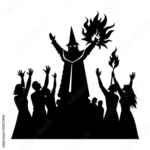 Silhouette of a wizard with followers raising hands and holding a torch