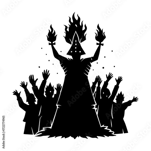 Silhouette of a figure in a robe holding flames before a crowd of people
