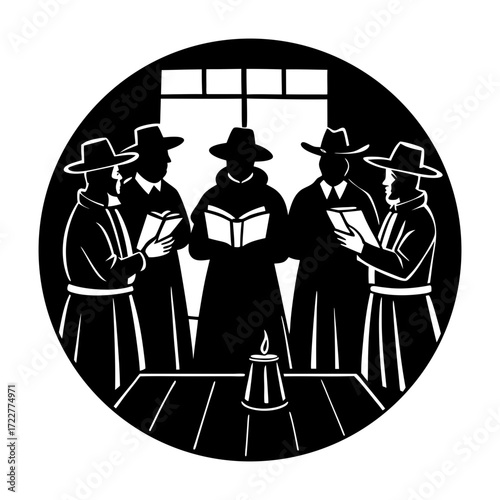 Group of people in robes and hats reading books around a candle light