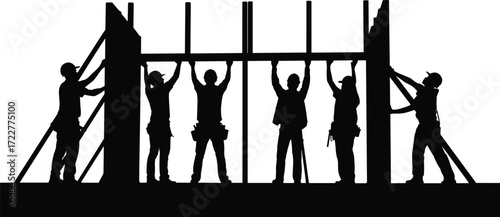 silhouette construction workers lifting wall frames teamwork collaboration framing labor structure building project site work group unity manual job cooperation effort installation strength