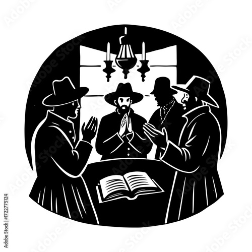 Four orthodox jewish men praying around a table with an open book on it