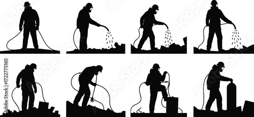 silhouette construction workers spraying water hose dust control demolition cleanup site safety maintenance labor equipment work hydration prevention suppression environment project effort