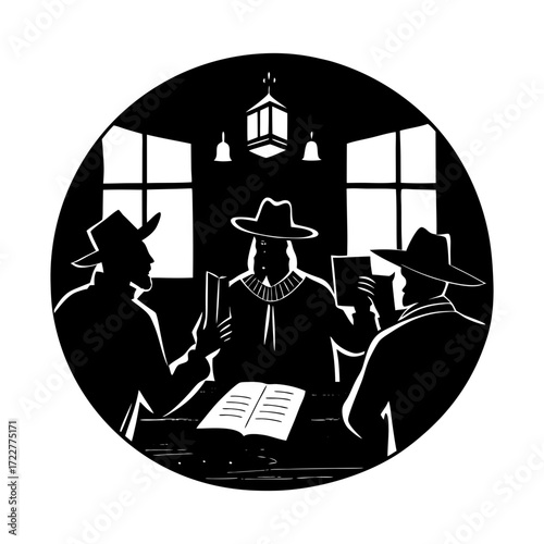 Three men in hats reading books around a table in a dark room scene