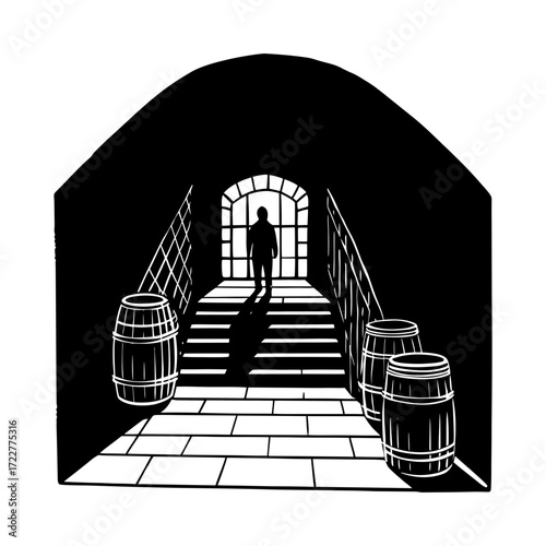 A shadowy figure stands at the end of a staircase with barrels nearby