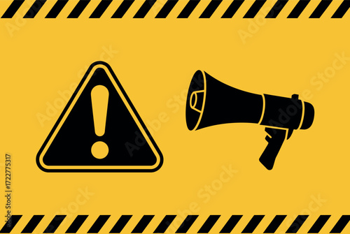 Alert symbol and megaphone communicate an important warning or announcement.