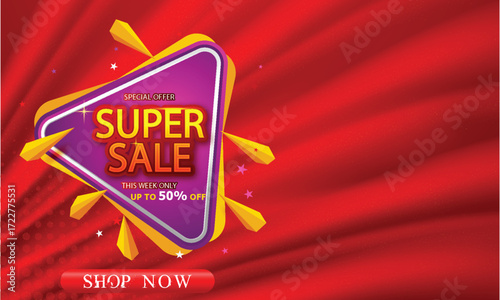 Red background super sale promotional banner with golden shining style