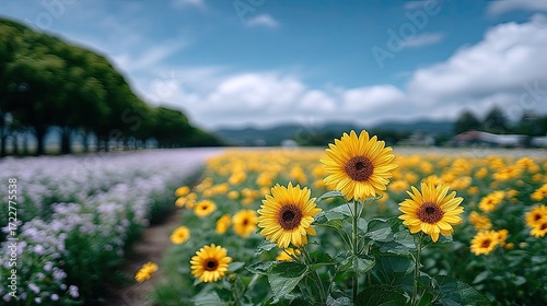 Vibrant Yellow Sunflowers Blooming in a Field Under a Sunny Sky With Green Trees and Lavender Flowers in Background on a Sunny Day