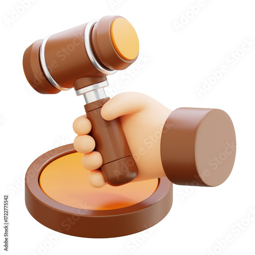 3D Render of a Cartoon Hand Holding a Wooden Gavel on a Sound Block, Symbolizing Justice and Legal Decisions, with Focused Lighting and a White Background