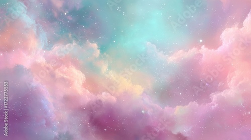 Fototapeta Naklejka Na Ścianę i Meble -  Ethereal clouds drift across a soft, dreamy sky, colored in pastel hues and twinkling stars