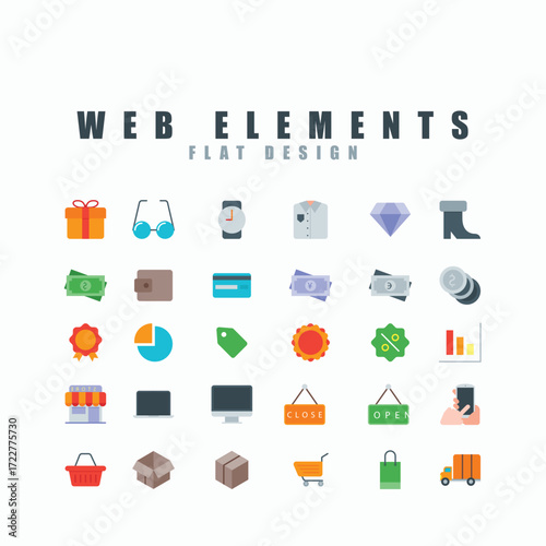 Web elements icon set with shopping cart bag and retail promotional items