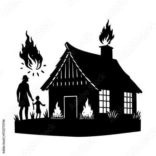 Silhouette of a burning house with a man and child standing nearby