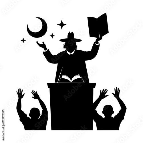 Silhouette of a magician with a hat performing a magic show with audience