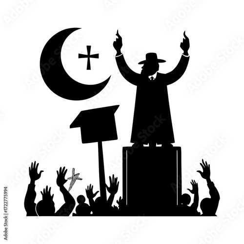 Silhouette of a preacher on a platform with a crowd and religious symbols
