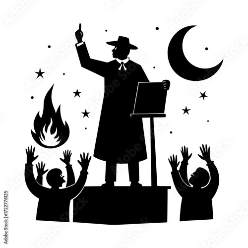 Silhouette of a preacher with followers, fire, moon and stars in black