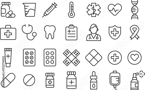 Healthcare and Medical Line Icons. Editable Stroke Vector Icons Collection.Medicine & Healthcare - vector line icon set.