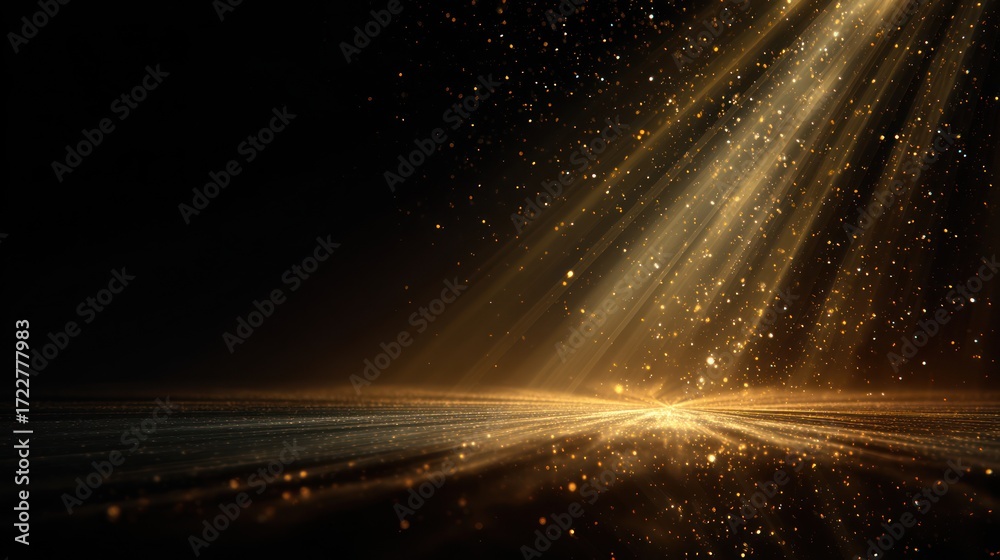 Fototapeta premium Golden light streams down onto a reflective, dark surface with floating particles