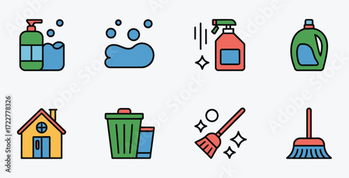 Cleaning supplies and housekeeping icons in a simple modern style