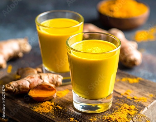 Golden turmeric ginger shot in small glass, wellness lifestyle composition