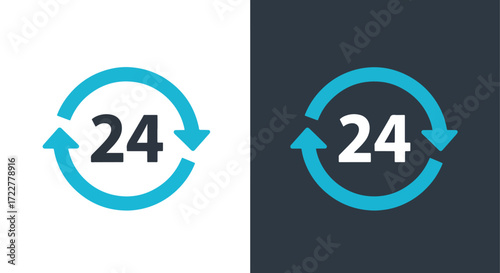 24 hour service icon symbol blue arrows clock sign for continuous operations and availability