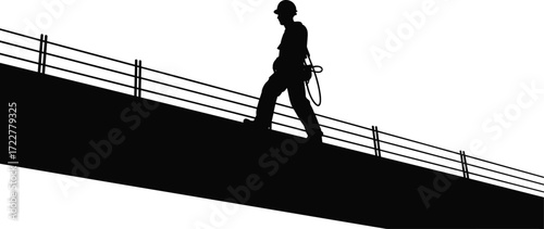 silhouette construction worker walking on bridge with safety harness and helmet representing bridge construction, inspection, maintenance, engineering project, safety work, structural job