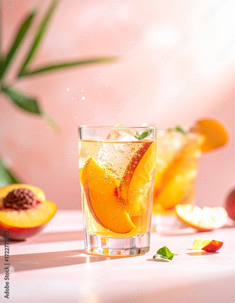 Fototapeta premium Sparkling peach soda with bubbles and fruit garnish, bright advertising vibe