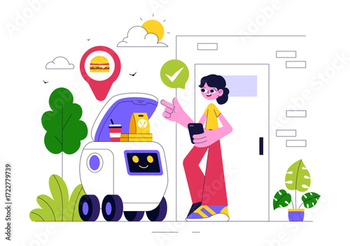 Food Delivery Robot Service Vector Illustration Featuring an AI Robot Serving Boxed Meals in a Restaurant with a Modern Robotic Waiter System Design