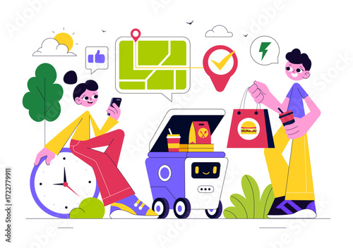 Food Delivery Robot Service Vector Illustration Featuring an AI Robot Serving Boxed Meals in a Restaurant with a Modern Robotic Waiter System Design