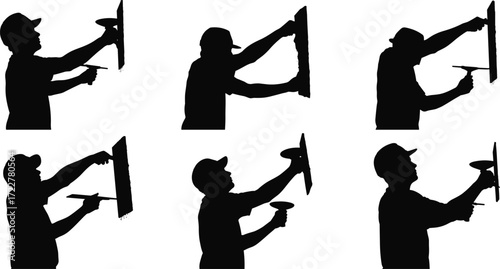silhouette workers cleaning glass with squeegees symbolizing window washing, building maintenance, cleaning service, home care, construction work, glass repair, professional cleaner