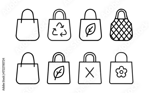 Set of eco shopping bag icons with recycle symbol, leaf, flower, net bag and plain tote. Black outline vector illustrations on white background. Sustainable lifestyle and zero waste concept.