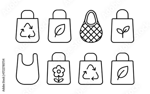 Set of eco shopping bag icons with recycle symbol, leaf, flower, net bag and plain tote. Black outline vector illustrations on white background. Sustainable lifestyle and zero waste concept.
