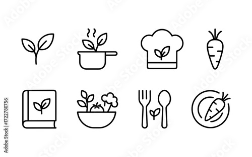 Set of healthy food and organic cooking icons with carrot, broccoli, pot, plate, magnifying glass, recipe book, dish and bottle. Black outline vector illustrations on white background.