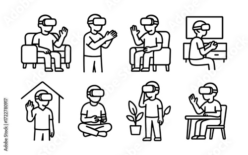 Set of virtual reality icons with people wearing VR headset, sitting, standing, gaming, waving and interacting. Black outline vector illustrations on white background.