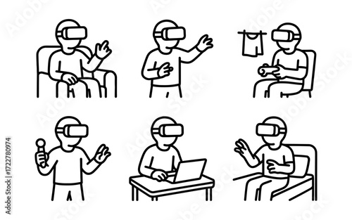 Set of virtual reality icons with people wearing VR headset, sitting, standing, gaming, waving and interacting. Black outline vector illustrations on white background.