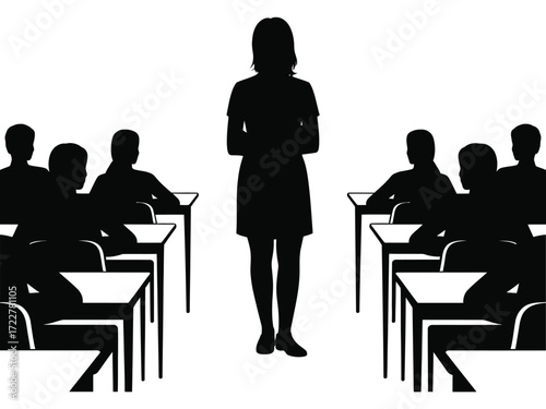 Teacher leading class silhouette with students at desks