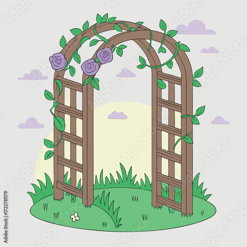 Vector art of a charming wooden garden archway adorned with climbing roses and lush green vines, set against a soft, pastel sky