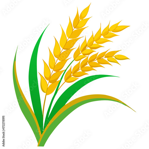 Golden Ripe Rice Panicle with Green Leaves Isolated on Transparent Background – Organic Agriculture and Harvest Concept.