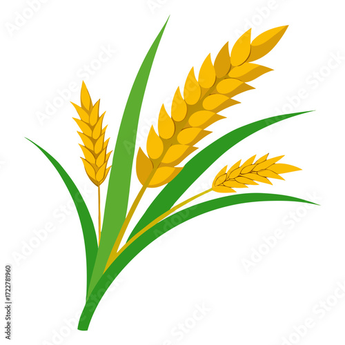 Golden Ripe Rice Panicle with Green Leaves Isolated on Transparent Background – Organic Agriculture and Harvest Concept.