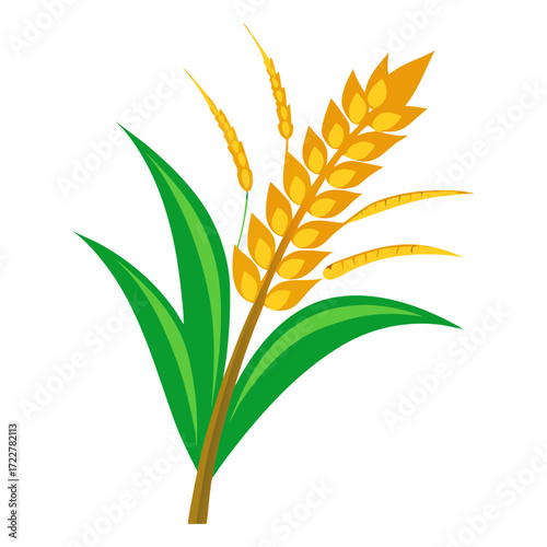 Golden Ripe Rice Panicle with Green Leaves Isolated on Transparent Background – Organic Agriculture and Harvest Concept.