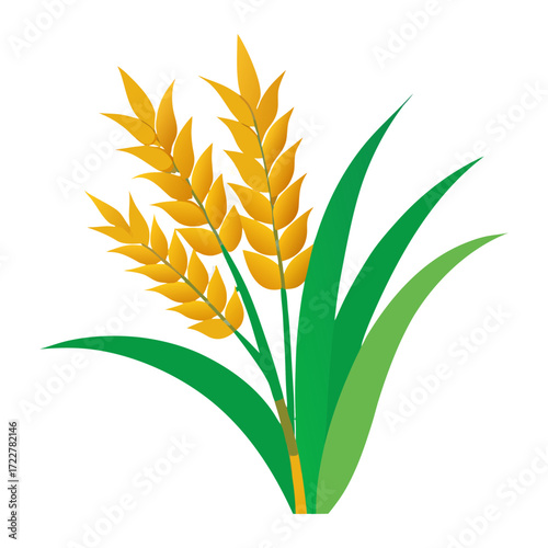 Golden Ripe Rice Panicle with Green Leaves Isolated on Transparent Background – Organic Agriculture and Harvest Concept.